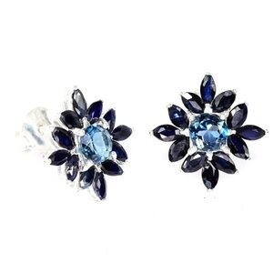 Elegant Natural London Blue Topaz & Sapphire in 925 Sterling Silver Earrings